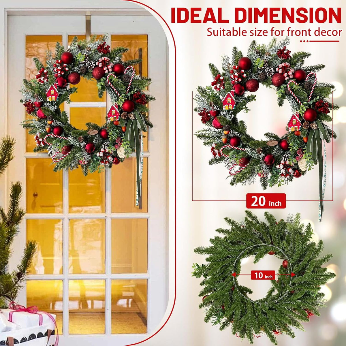 Waipfaru Artificial Christmas Wreaths with lights,20inch Christmas Door Wreath with Xmas Balls Berries Pinecones for Wall Fireplace Shop Window Decoration