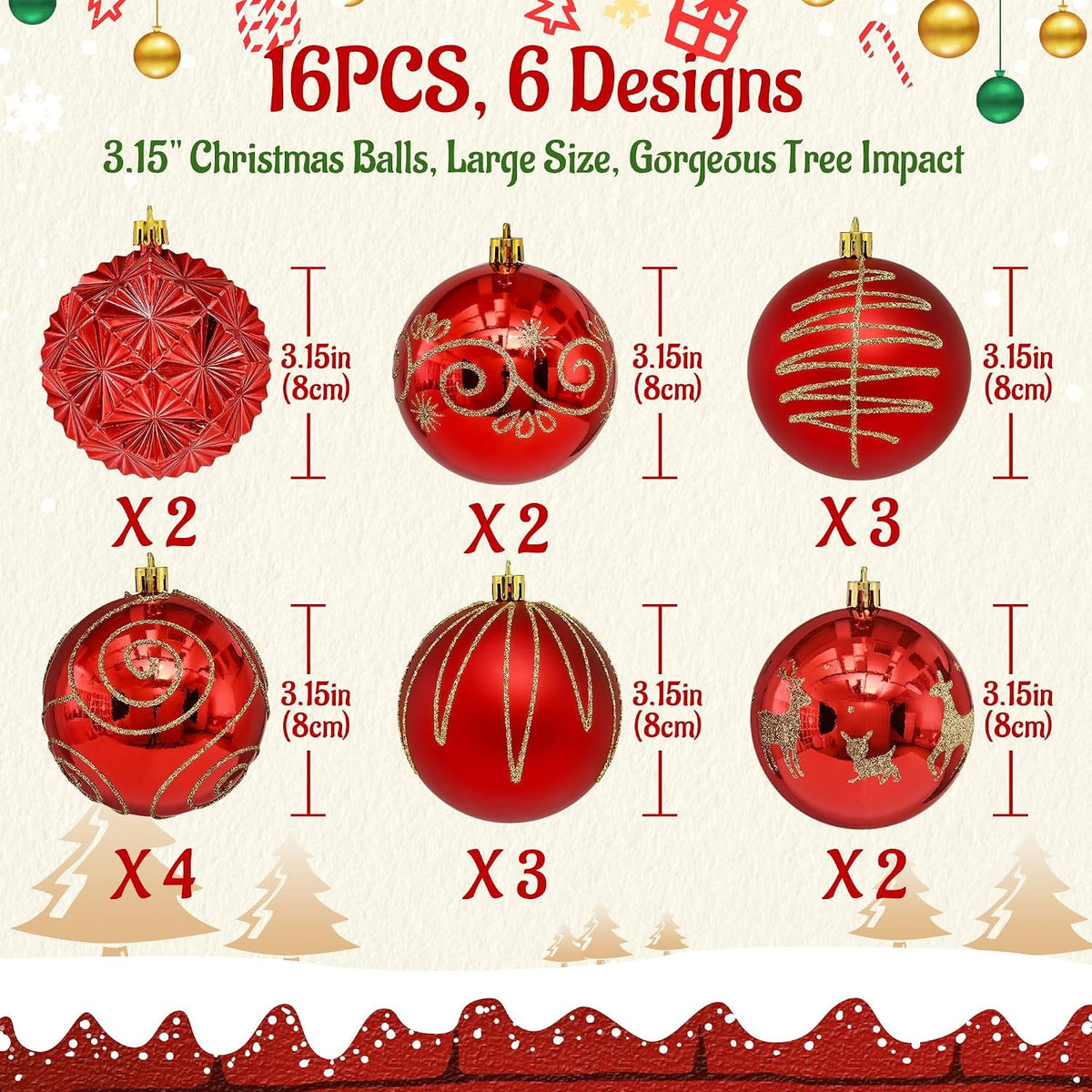 Waipfaru 16Pcs Christmas Ball Ornaments,3.15" Shatterproof Hanging Xmas Ornaments Set for Christmas Holiday Party Decoration