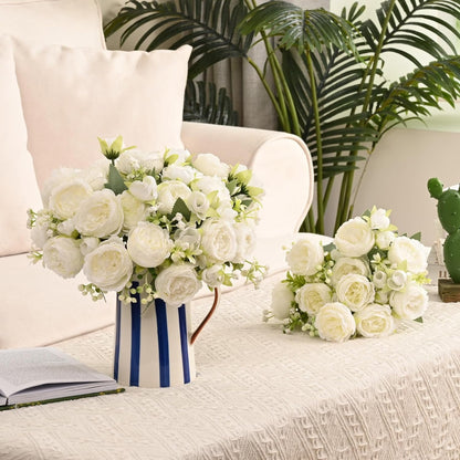 Waipfaru 2 Bundles Artificial Peonies Faux Flowers,Fake Peonies Artificial Flower Bouquet for Table Centerpiece,Silk Flowers for Home Wedding Decor Holding Flowers (White)