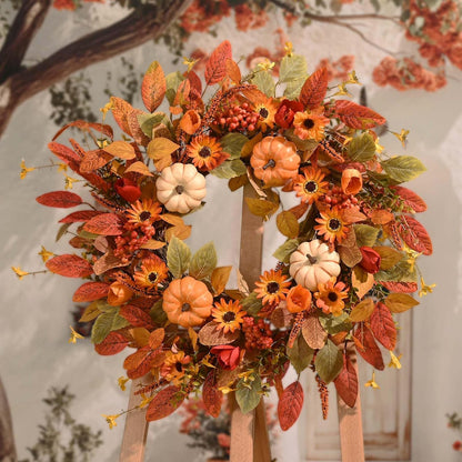 Waipfaru Fall Wreath for Front Door,Large 22inch Autumn Pumpkin Wreath with White Pumpkins, Berries & Flowers,Farmhouse Harvest Decor for Thanksgiving