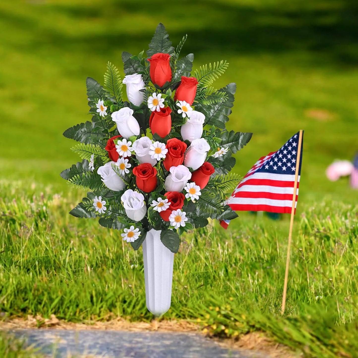 Waipfaru Artificial Cemetery Flowers with Vase,2 Pack Artificial Rose Lily Grave Bouquet,Silk Memorial Flowers for Cemetery Headstones Decoration