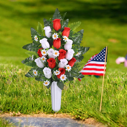 Waipfaru Artificial Cemetery Flowers with Vase,2 Pack Artificial Rose Lily Grave Bouquet,Silk Memorial Flowers for Cemetery Headstones Decoration