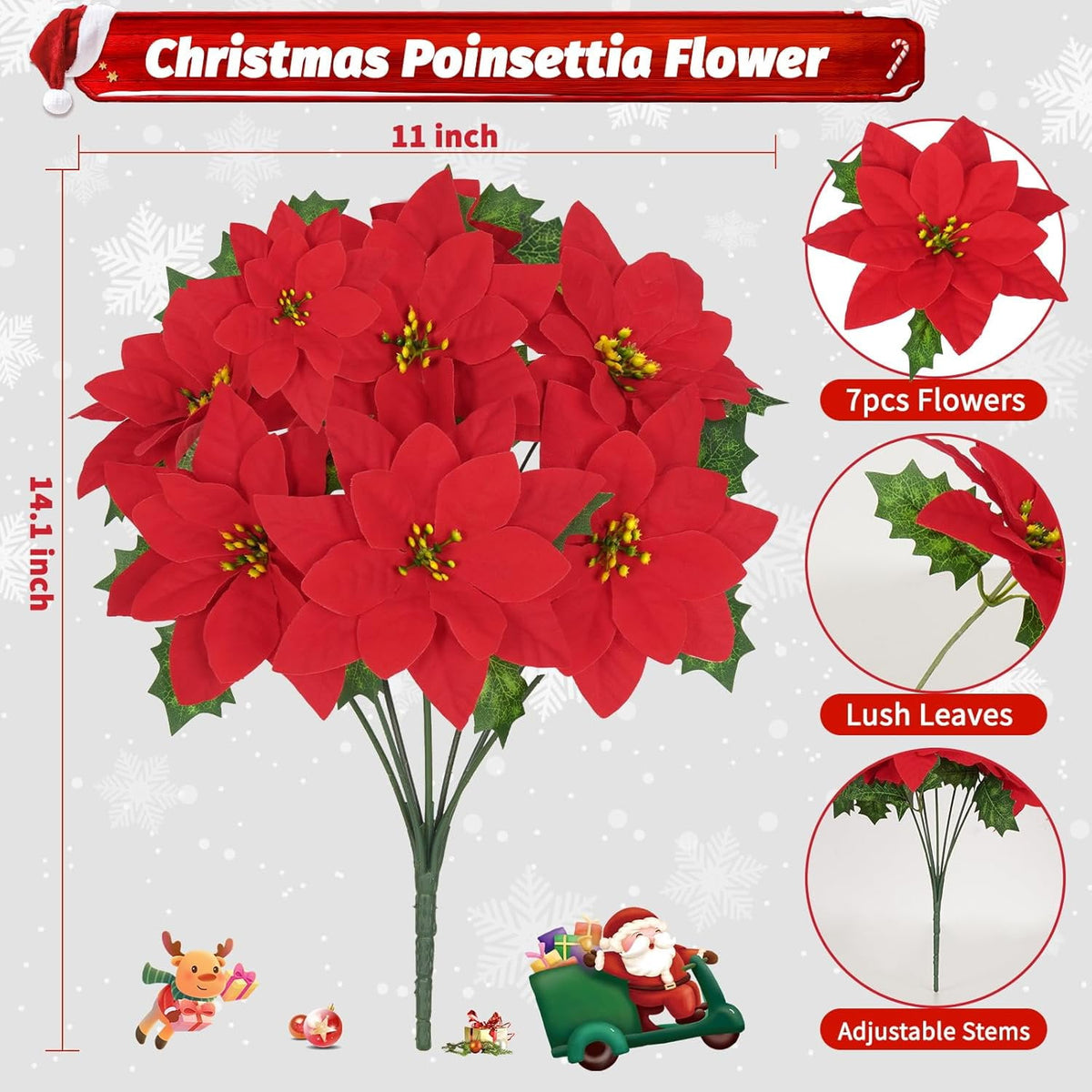 Waipfaru 4pcs Artificial Poinsettia Bushes,14 inch Faux Red Velvet Poinsettia Flowers for Indoor Outdoor Christmas Tree Home Porch Decorations
