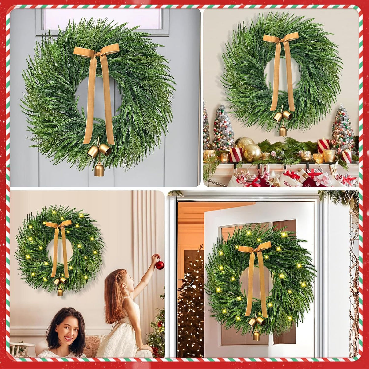 Waipfaru Christmas Wreath for Front Door,26 inch Pre-lit Artificial Holiday Wreath with Bow & Bells, Battery Operated, Front Door Christmas Decorations Indoor Outdoor