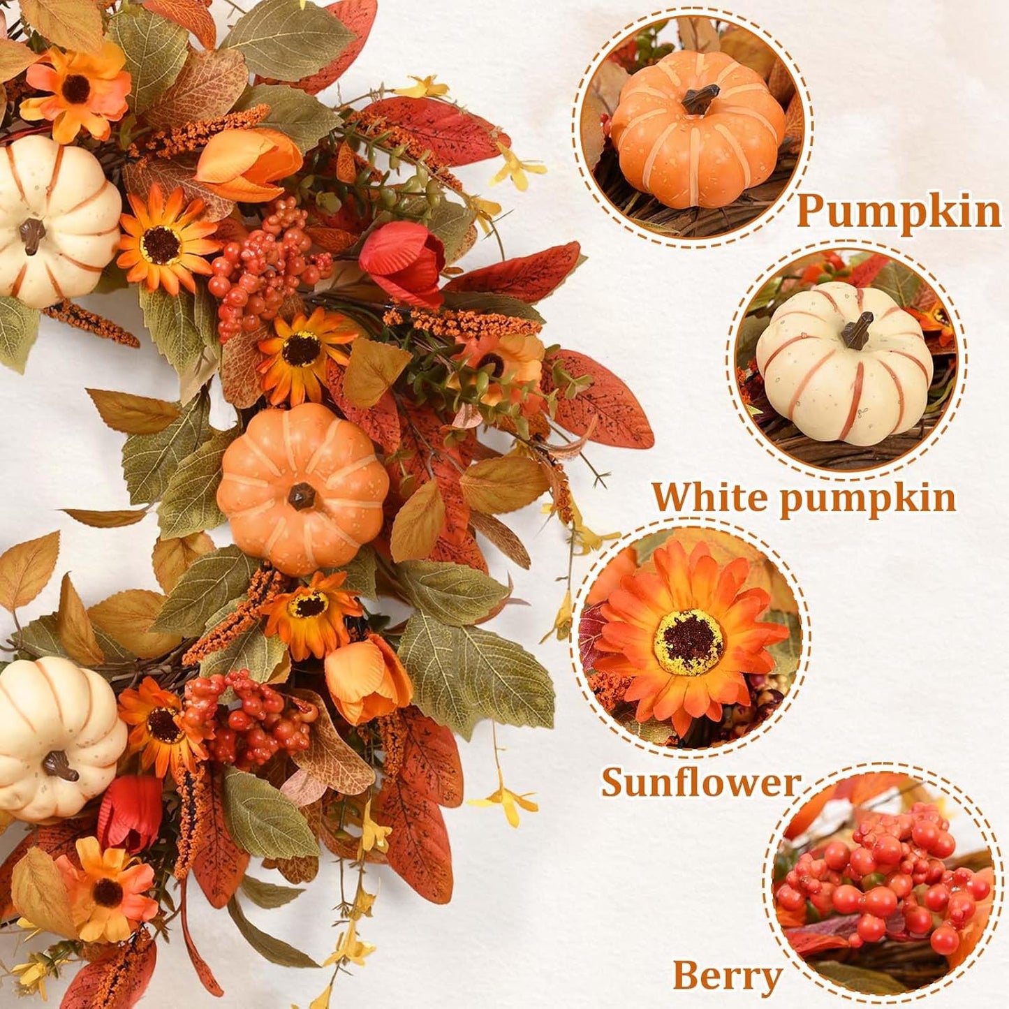 Waipfaru Fall Wreath for Front Door,Large 22inch Autumn Pumpkin Wreath with White Pumpkins, Berries & Flowers,Farmhouse Harvest Decor for Thanksgiving