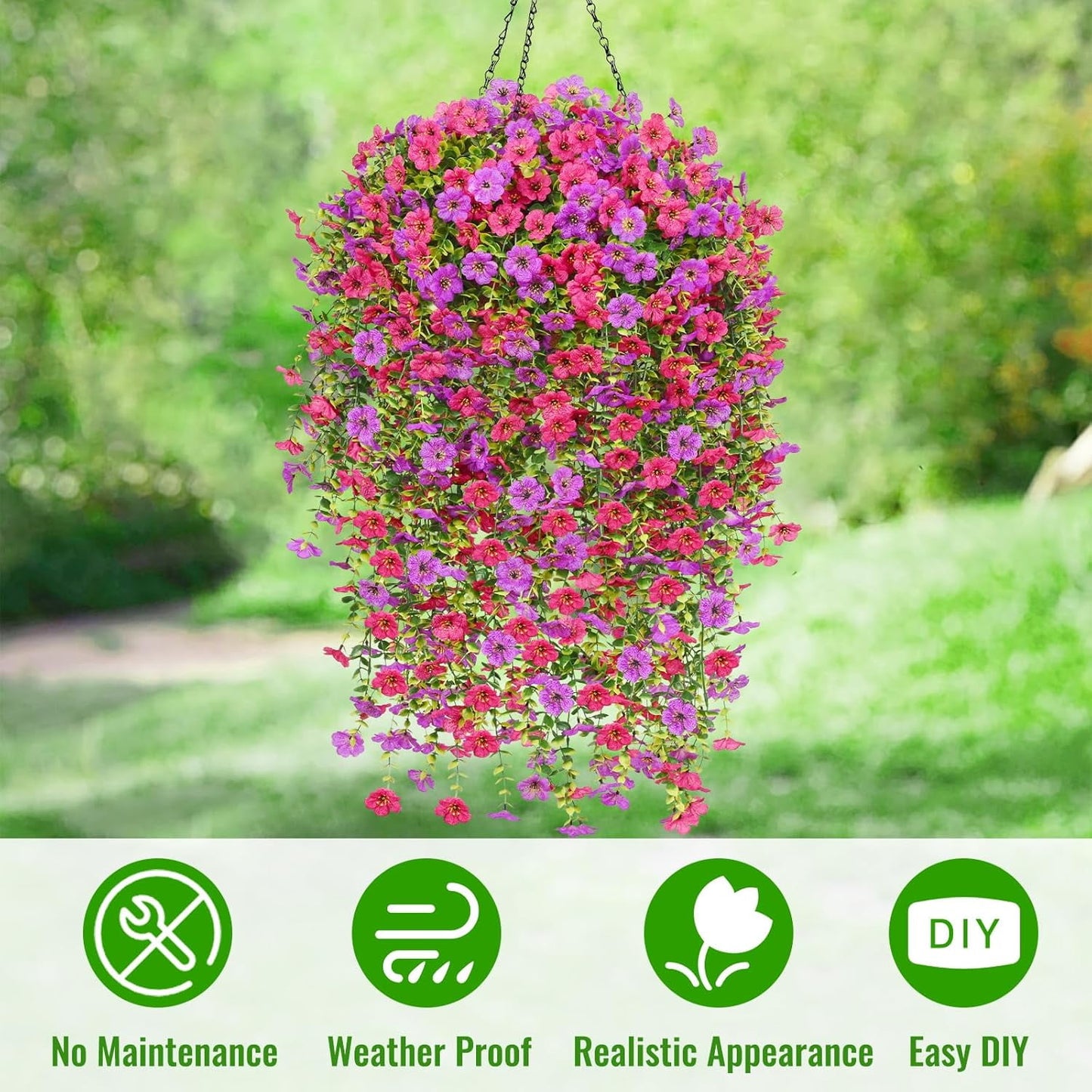 Waipfaru Artificial Hanging Flowers for Outdoors Spring Summer Decoration,2 Pcs UV Resistant Faux Silk Violet Fake Flowers for Garden Porch Window Home Decor(Purple&Rose Red)
