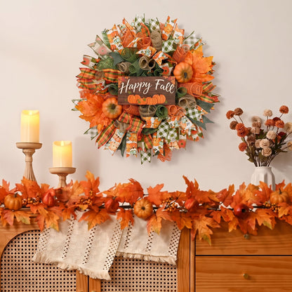 Waipfaru Fall Wreath for Front Door,20"Autumn Mesh Door Wreath with Pumpkins,Rustic Farmhouse Decor for Thanksgiving Harvest Home Decor