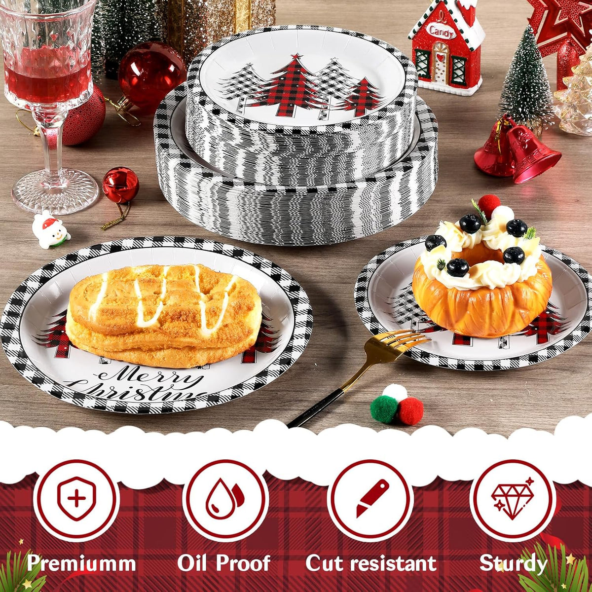 Waipfaru 200 PCS Christmas Tree Paper Plates and Napkins Christmas Party Supplies Disposable Dinnerware Set for Xmas