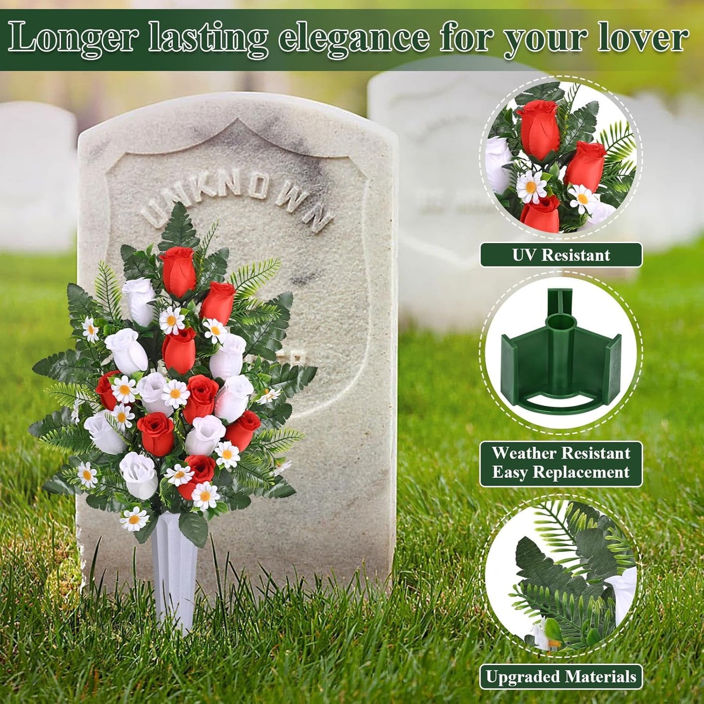 Waipfaru Artificial Cemetery Flowers with Vase,2 Pack Artificial Rose Lily Grave Bouquet,Silk Memorial Flowers for Cemetery Headstones Decoration