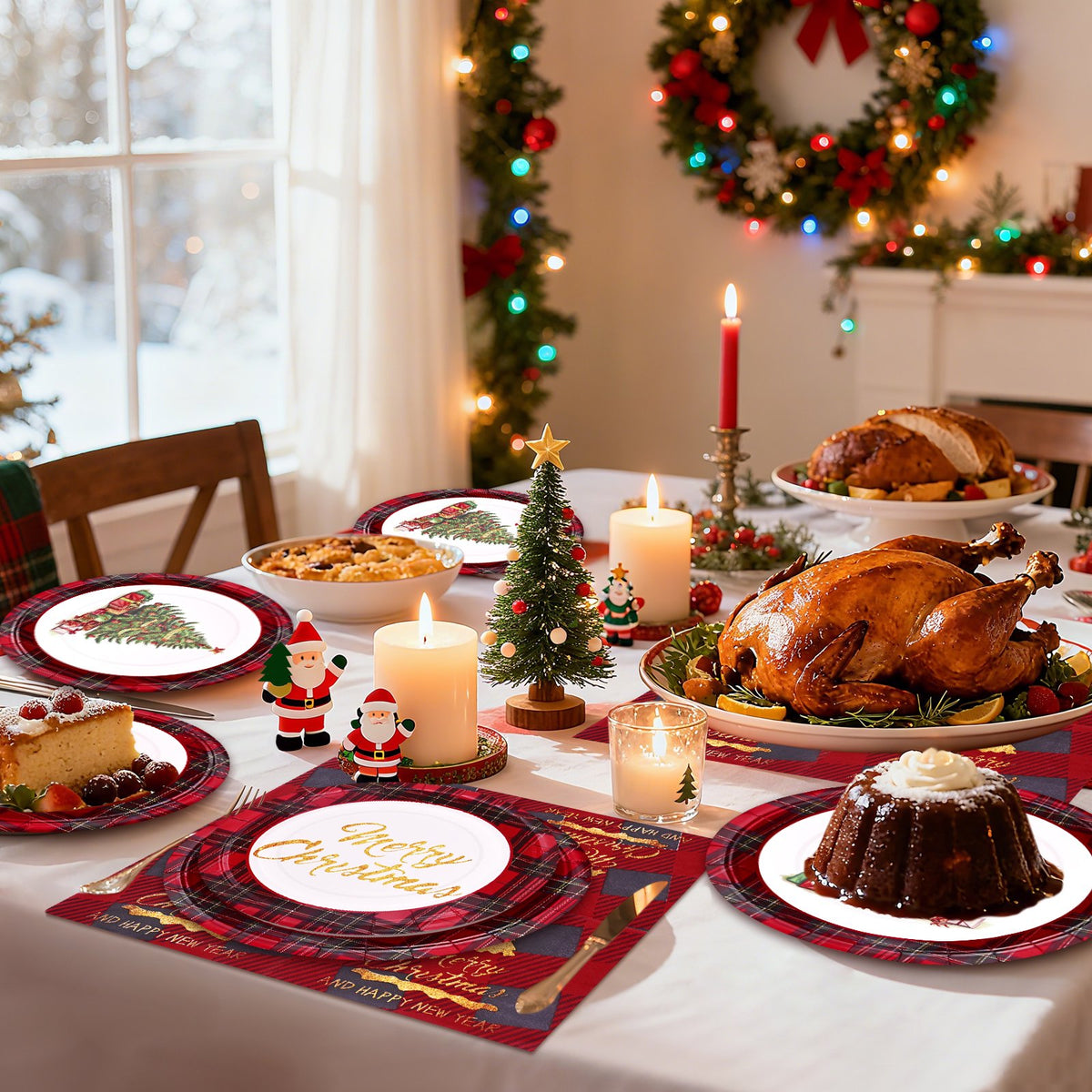 Waipfaru 200 Pcs Merry Christmas Dinnerware Set,Christmas Tree Paper Plates, Napkins & Party Supplies for 50 Guests