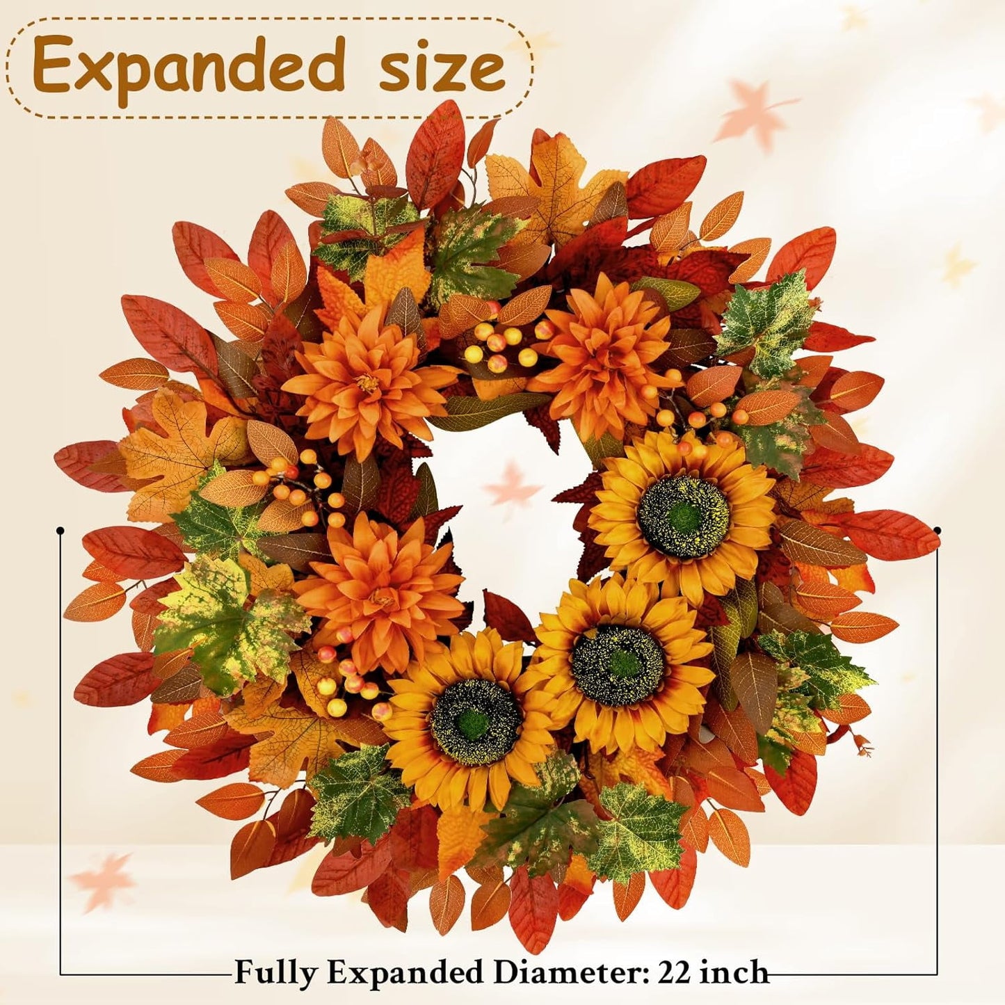 Waipfaru Fall Wreath for Front Door,22inch Sunflower and Dahlia Autumn Wreath, Large Fall Floral Wreath for Thanksgiving, Harvest & Farmhouse Decor