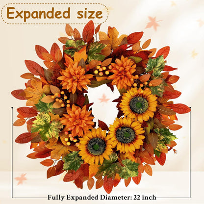Waipfaru Fall Wreath for Front Door,22inch Sunflower and Dahlia Autumn Wreath, Large Fall Floral Wreath for Thanksgiving, Harvest & Farmhouse Decor