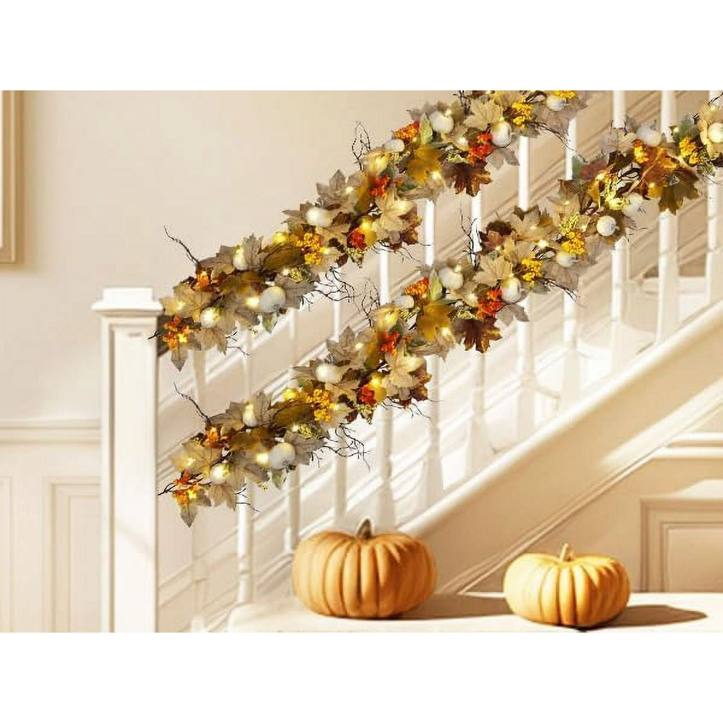Waipfaru Lighted Fall Garland with Maple Leaves White Pumpkins Berry,6FT Artificial Autumn Fall Decor for Thanksgiving