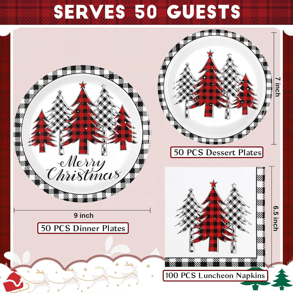 Waipfaru 200 PCS Christmas Tree Paper Plates and Napkins Christmas Party Supplies Disposable Dinnerware Set for Xmas