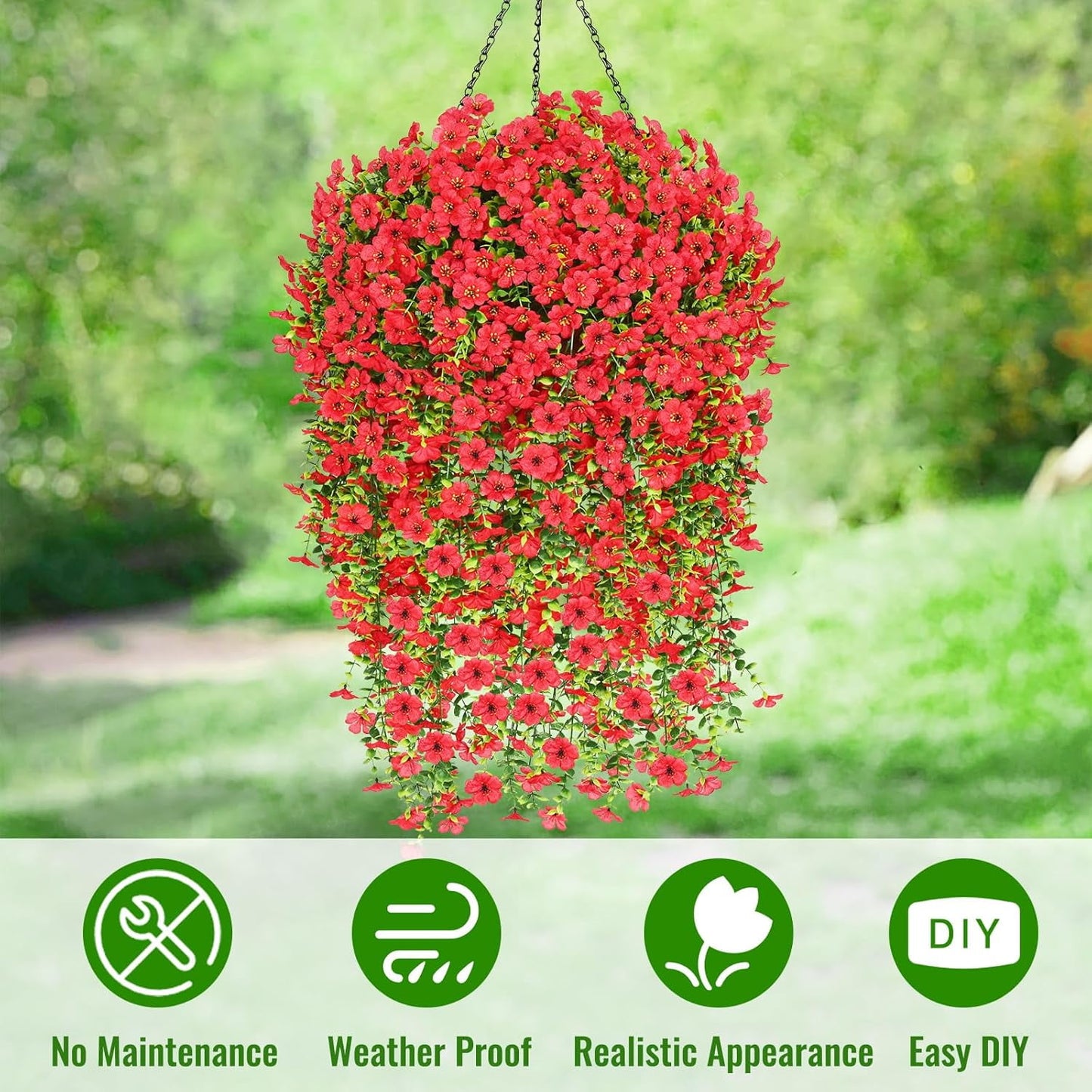 Waipfaru Artificial Hanging Flowers for Outdoors Spring Summer Decoration,2 Pcs UV Resistant Faux Silk Violet Fake Flowers for Garden Porch Window Home Decor(Red)