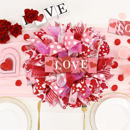 Waipfaru Valentines Day Wreath, 17 inch Round Mesh Wreath for Front Door,Valentine Wreath with Wooden Sign for Home Wedding Party