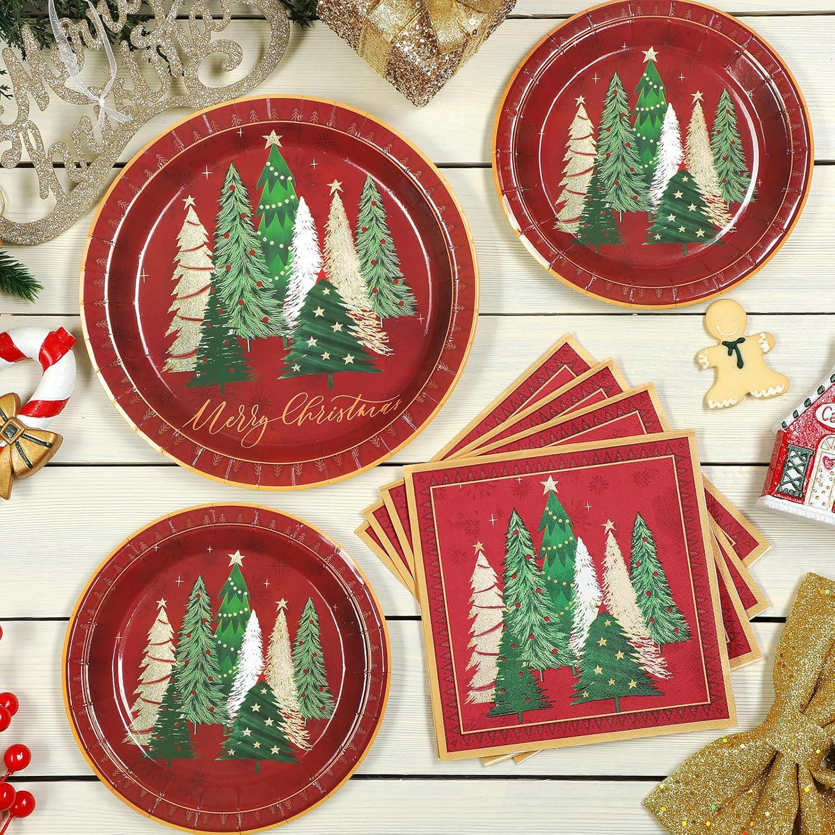 Waipfaru 200pcs Christmas Paper Plates and Napkins Set Decorations for 50 Guests, Holiday Tableware set, Disposable Merry Christmas Theme Party Decor