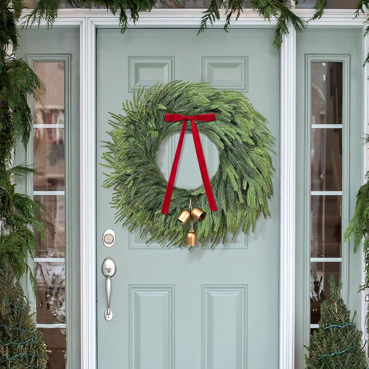 Waipfaru Christmas Wreath with Lights,24 inch Pre-lit Artificial Holiday Wreath with Bow & Bells, Battery Operated, Front Door Christmas Decorations Indoor Outdoor