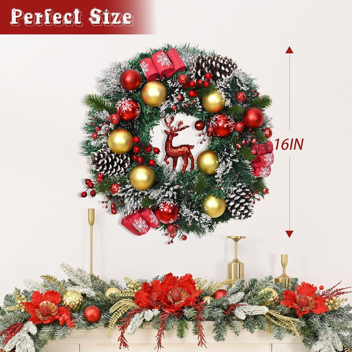 Waipfaru Pre-Lit Christmas Wreaths for Front Door,16"Artificial Christmas Wreath with Lights Xmas Balls Berries Pinecones for Fireplace Window Outdoor Decoration