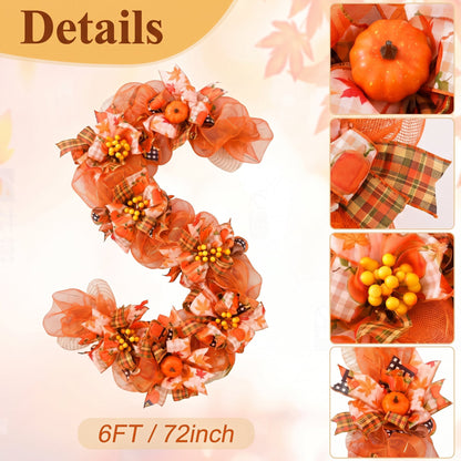 Waipfaru 6 ft Fall Garland for Mantel,Autumn Pumpkin Mesh Garland with Berries & Plaid Ribbons,Thanksgiving Mantel Decorations for Fireplace,Table Centerpiece Home Decor