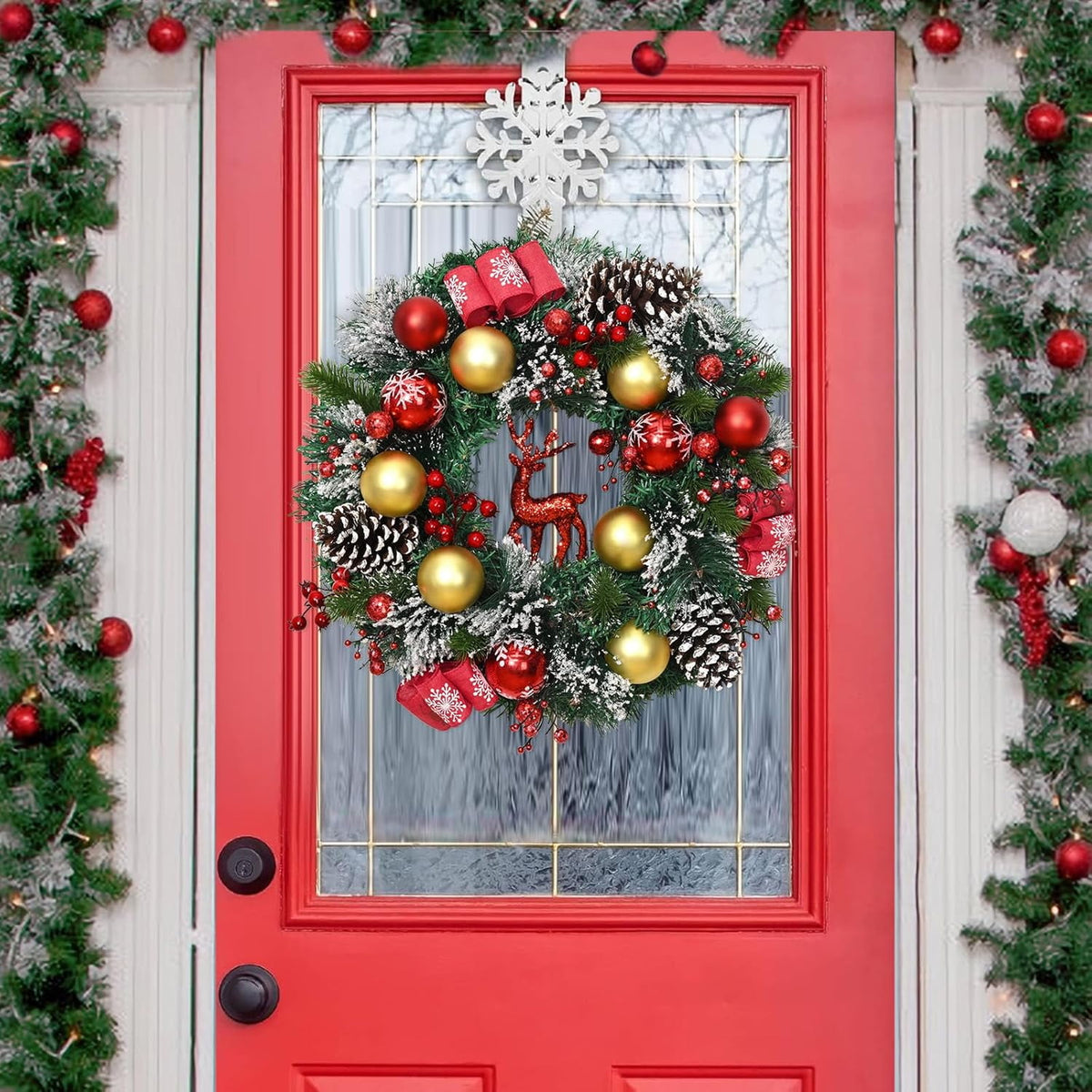 Waipfaru Pre-Lit Christmas Wreaths for Front Door,16"Artificial Christmas Wreath with Lights Xmas Balls Berries Pinecones for Fireplace Window Outdoor Decoration