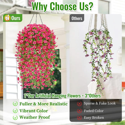 Waipfaru Artificial Hanging Flowers for Outdoors Spring Summer Decoration,2 Pcs UV Resistant Faux Silk Violet Fake Flowers for Garden Porch Window Home Decor(Rose Red)