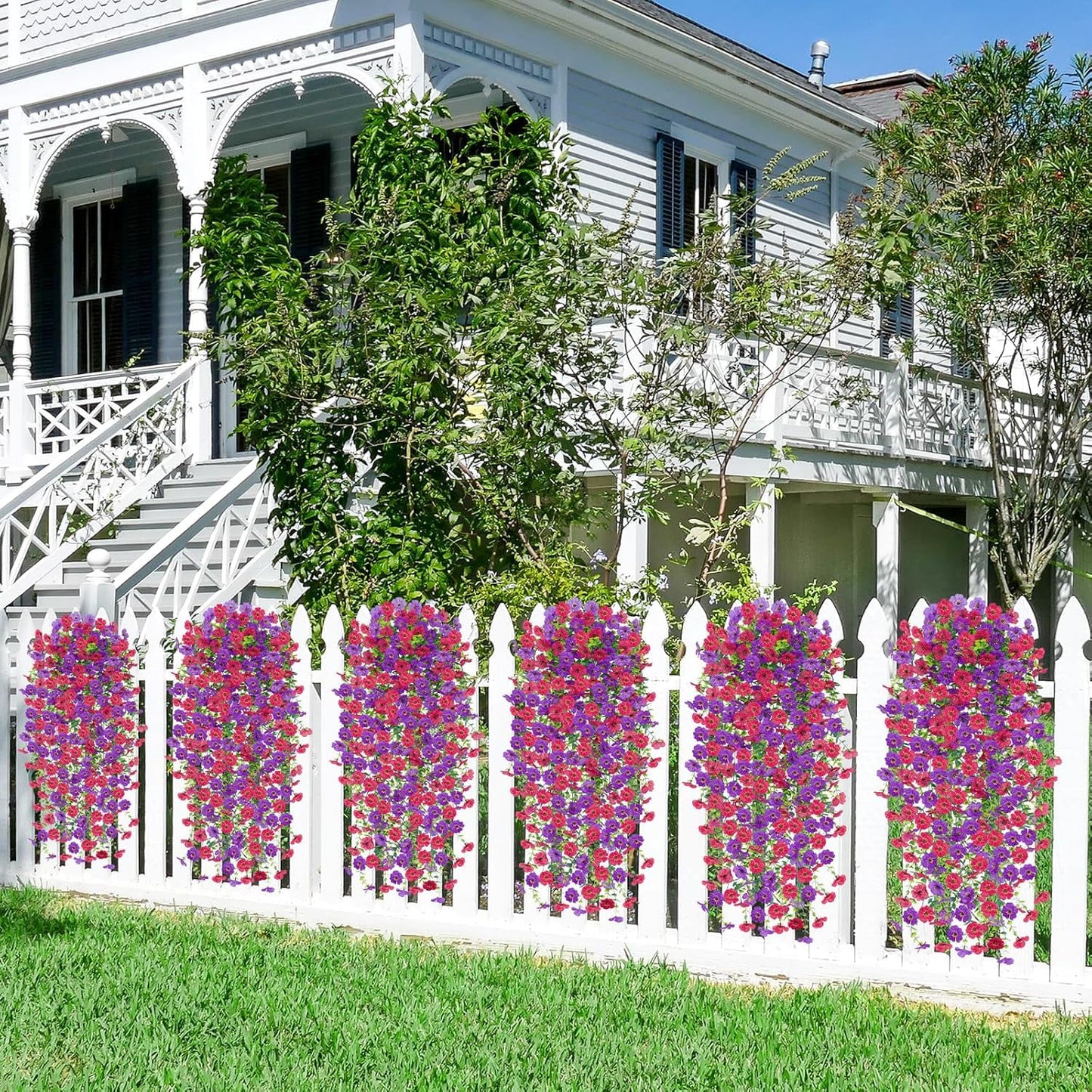 Waipfaru Artificial Hanging Flowers for Outdoors Spring Summer Decoration,2 Pcs UV Resistant Faux Silk Violet Fake Flowers for Garden Porch Window Home Decor(Purple&Rose Red)
