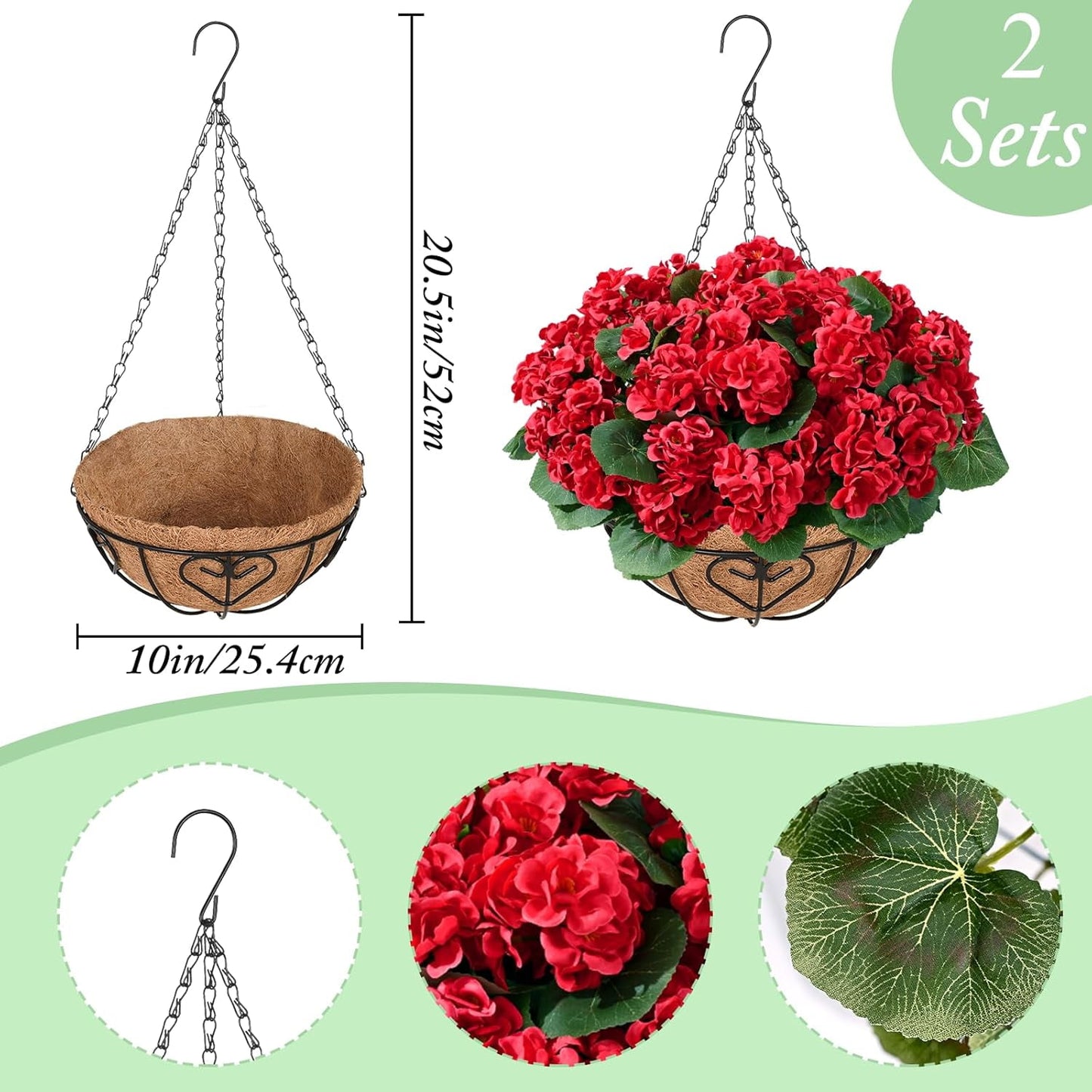 Waipfaru 2 Pack Artificial Geraniums Hanging Basket,UV Resistant Faux Silk Flowers for Outdoors,Realistic Fake Hanging Plants for Home Garden Decor