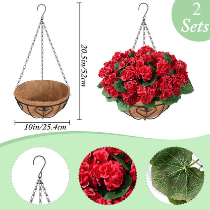 Waipfaru 2 Pack Artificial Geraniums Hanging Basket,UV Resistant Faux Silk Flowers for Outdoors,Realistic Fake Hanging Plants for Home Garden Decor