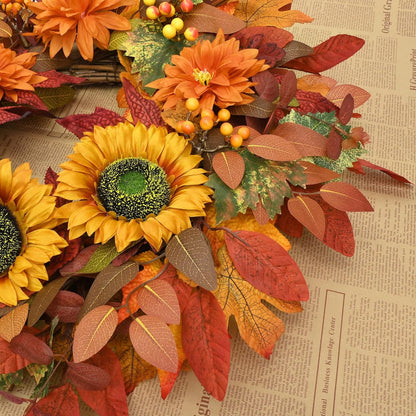Waipfaru Fall Wreath for Front Door,22inch Sunflower and Dahlia Autumn Wreath, Large Fall Floral Wreath for Thanksgiving, Harvest & Farmhouse Decor
