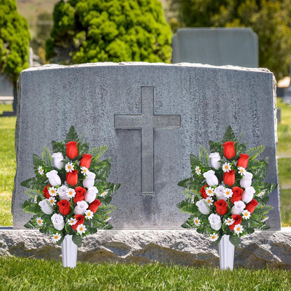 Waipfaru Artificial Cemetery Flowers with Vase,2 Pack Artificial Rose Lily Grave Bouquet,Silk Memorial Flowers for Cemetery Headstones Decoration