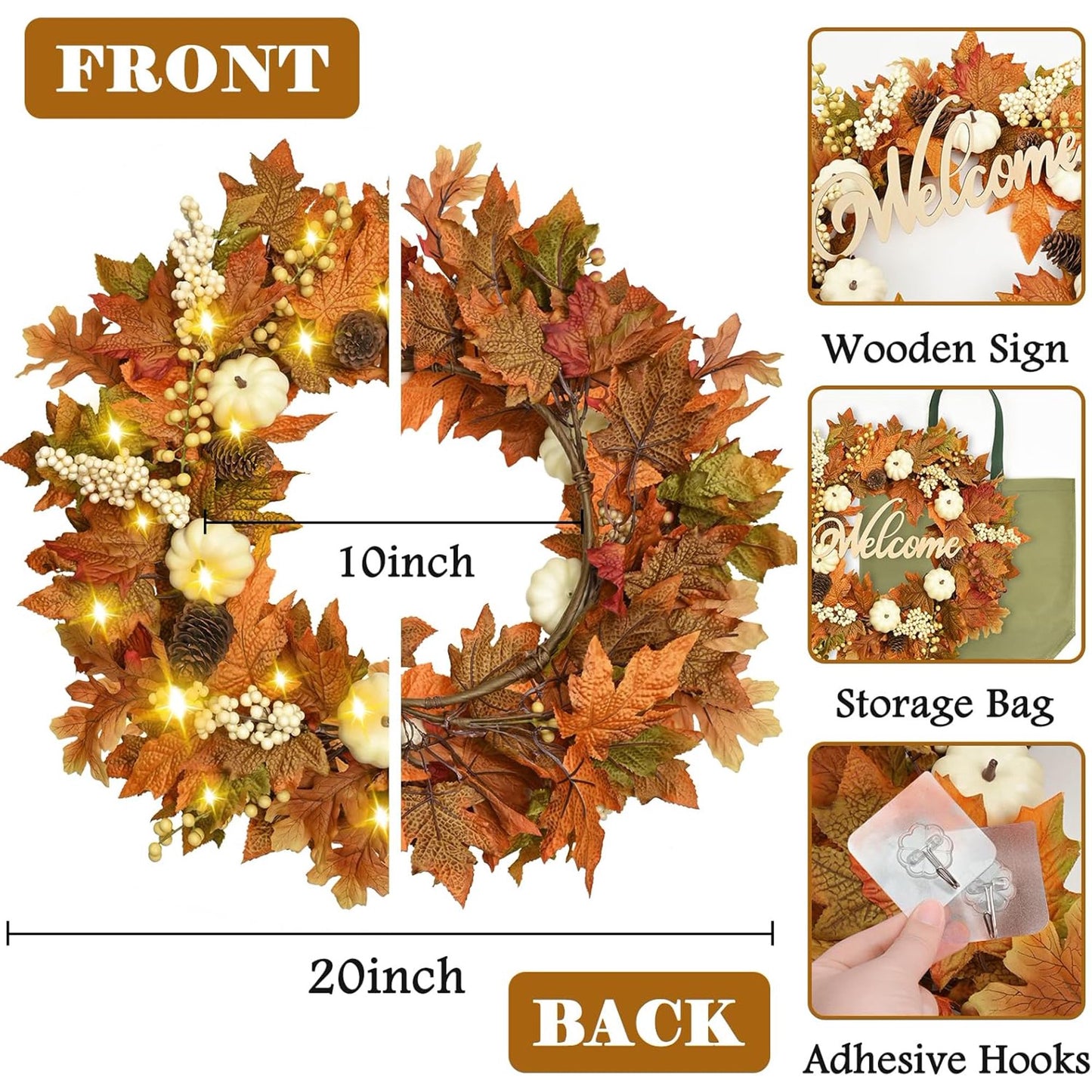 Waipfaru 20inch Fall Wreaths for Front Door,Artificial Autumn Wreath with Lights for Thanksgiving Harvest Halloween Porch Home Decor
