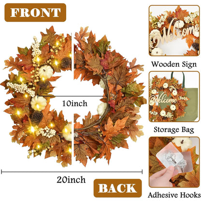 Waipfaru 20inch Fall Wreaths for Front Door,Artificial Autumn Wreath with Lights for Thanksgiving Harvest Halloween Porch Home Decor