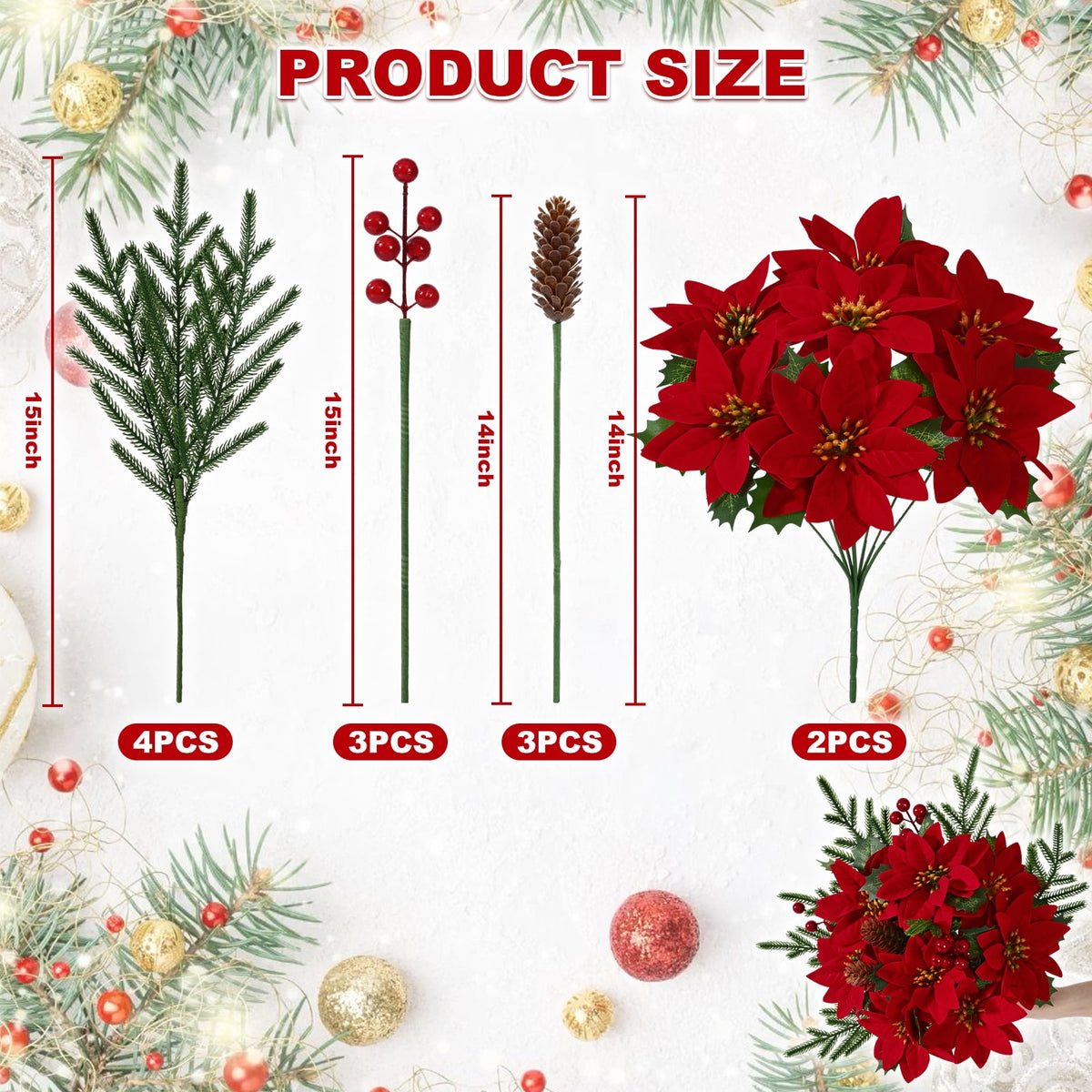 Waipfaru 12pcs Artificial Poinsettia Flower, Red Poinsettia Christmas Arrangement with Pine, Berries & Pinecones, Holiday Floral Centerpiece for Christmas Home Decorations