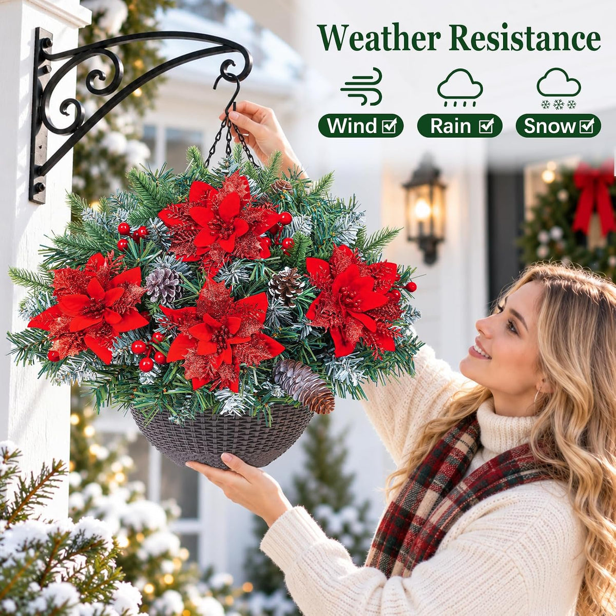 Waipfaru Set of 2 Artificial Christmas Hanging Basket with lights, Fake Silk Flowers for Outdoor Indoor Front Porch, Garden, Patio, Home Xmas Decor