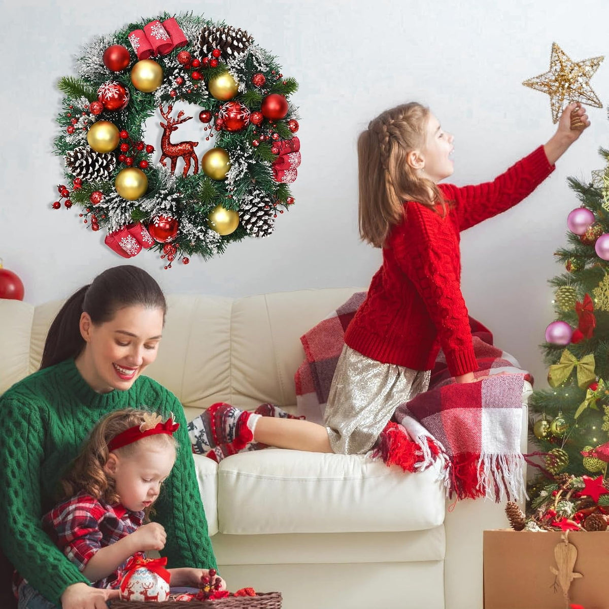Waipfaru Pre-Lit Christmas Wreaths for Front Door,16"Artificial Christmas Wreath with Lights Xmas Balls Berries Pinecones for Fireplace Window Outdoor Decoration