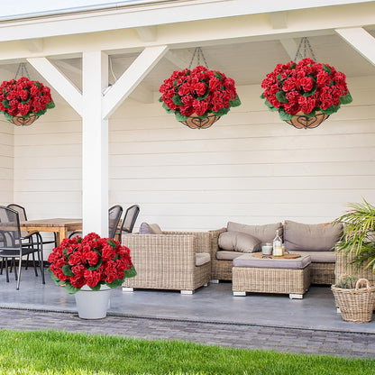 Waipfaru 2 Pack Artificial Geraniums Hanging Basket,UV Resistant Faux Silk Flowers for Outdoors,Realistic Fake Hanging Plants for Home Garden Decor
