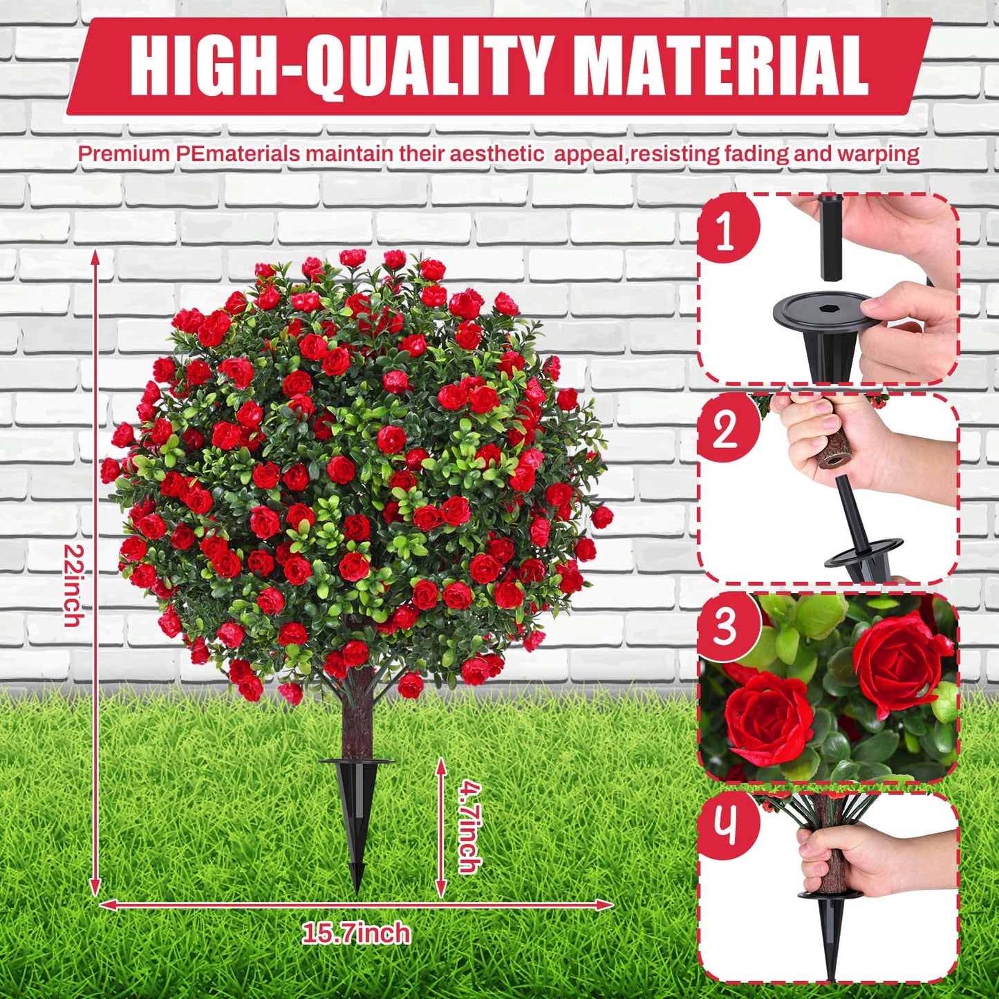 Waipfaru Set of 2 Outdoor Artificial Flower Plant Decorations,22inch UV Resistant Faux Greenery Shrubs with Ground Spike,Fake Plants for Garden, Yard, Porch, Patio Decor