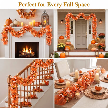 Waipfaru 6 ft Fall Garland for Mantel,Autumn Pumpkin Mesh Garland with Berries & Plaid Ribbons,Thanksgiving Mantel Decorations for Fireplace,Table Centerpiece Home Decor