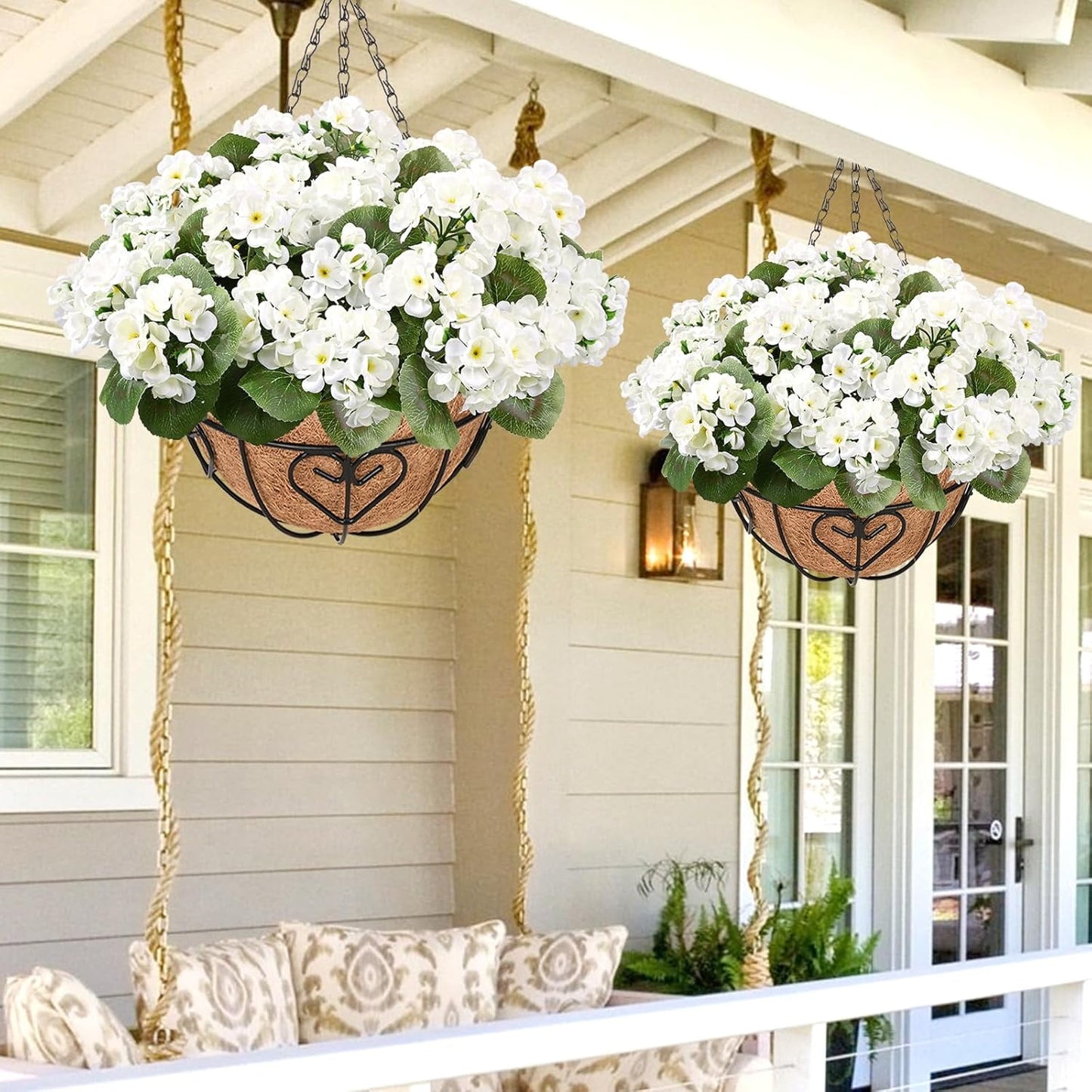 Waipfaru 2 Pack Artificial Geraniums Hanging Basket,UV Resistant Faux Silk Flowers for Outdoors,Realistic Fake Hanging Plants for Home Garden Decor