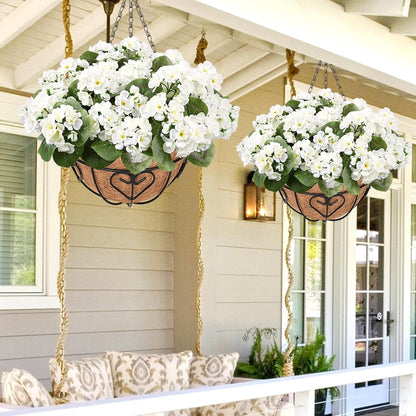 Waipfaru 2 Pack Artificial Geraniums Hanging Basket,UV Resistant Faux Silk Flowers for Outdoors,Realistic Fake Hanging Plants for Home Garden Decor