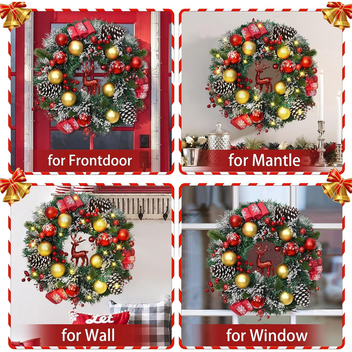 Waipfaru Pre-Lit Christmas Wreaths for Front Door,16"Artificial Christmas Wreath with Lights Xmas Balls Berries Pinecones for Fireplace Window Outdoor Decoration