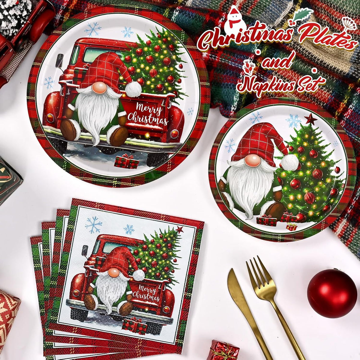 Waipfaru 200 PCS Christmas Paper Plates and Napkins Sets,Plates and Napkins for Christmas Party Dinner, Xmas Winter Decorations