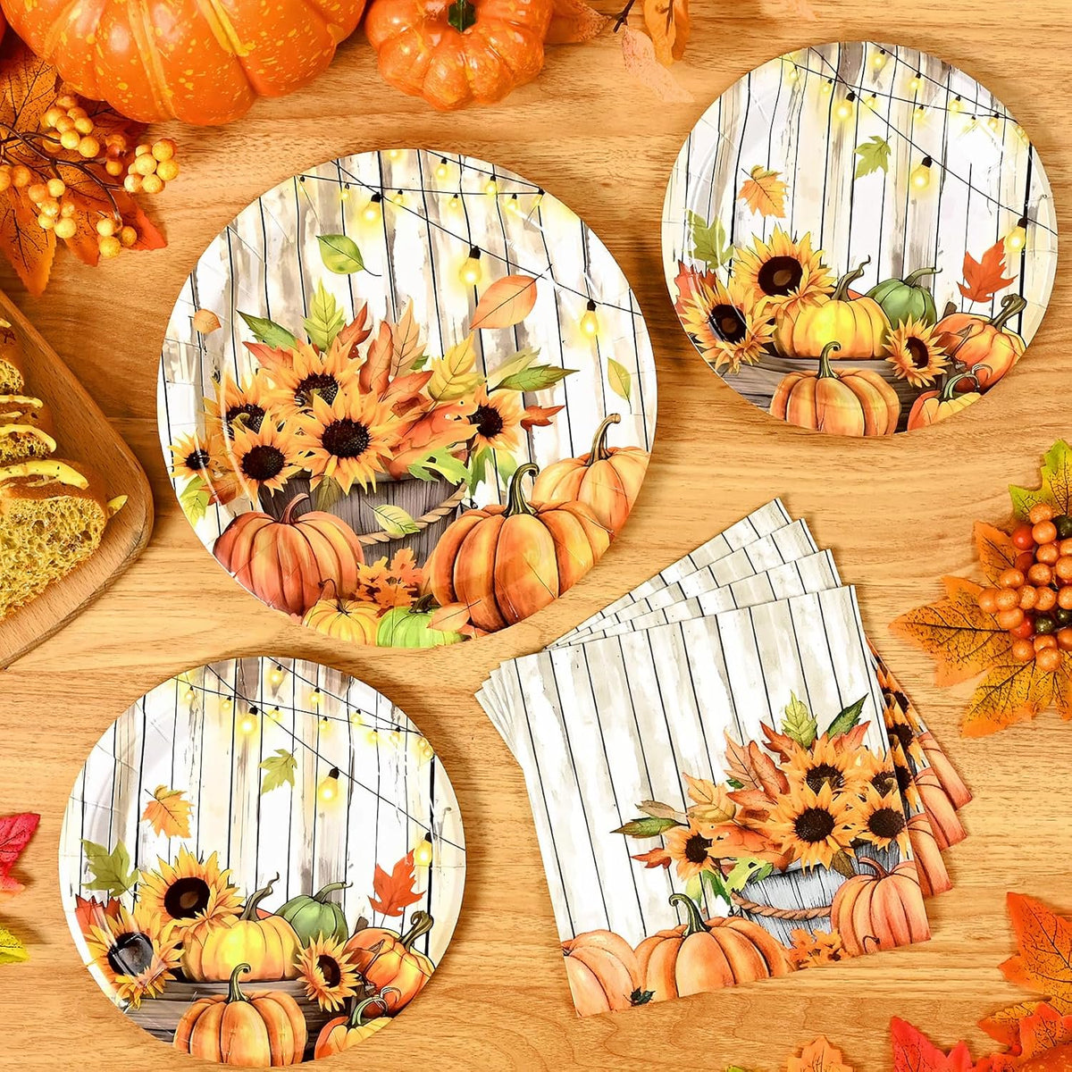 Waipfaru 200 Pcs Fall Paper Plates and Napkins Thanksgiving Party Supplies White Pumpkin Disposable Dinnerware Server 50