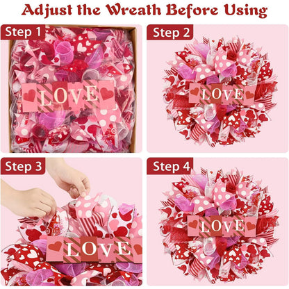 Waipfaru Valentines Day Wreath, 17 inch Round Mesh Wreath for Front Door,Valentine Wreath with Wooden Sign for Home Wedding Party