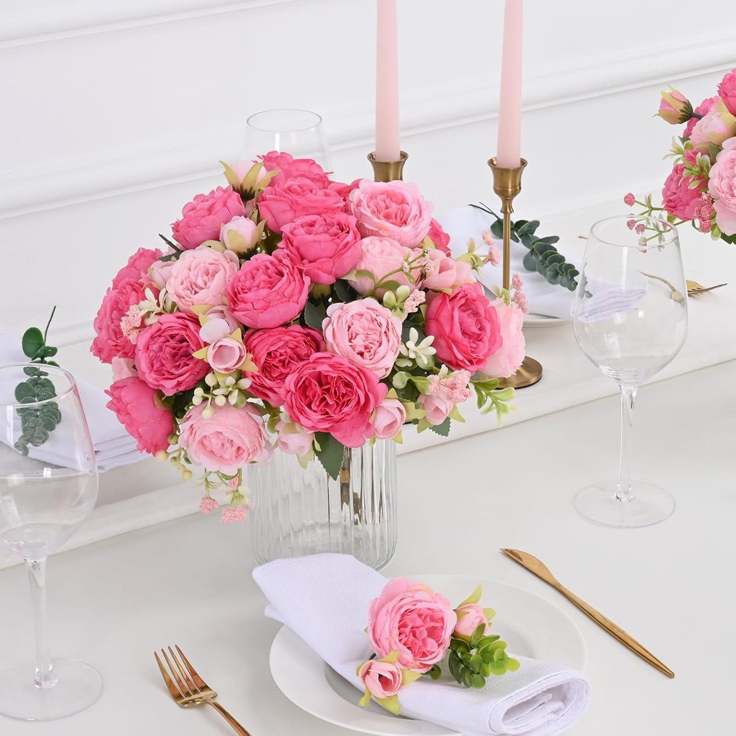 Waipfaru 2 Bundles Artificial Peonies Faux Flowers,Fake Peonies Artificial Flower Bouquet for Table Centerpiece,Silk Flowers for Home Wedding Decor Holding Flowers (Pink)