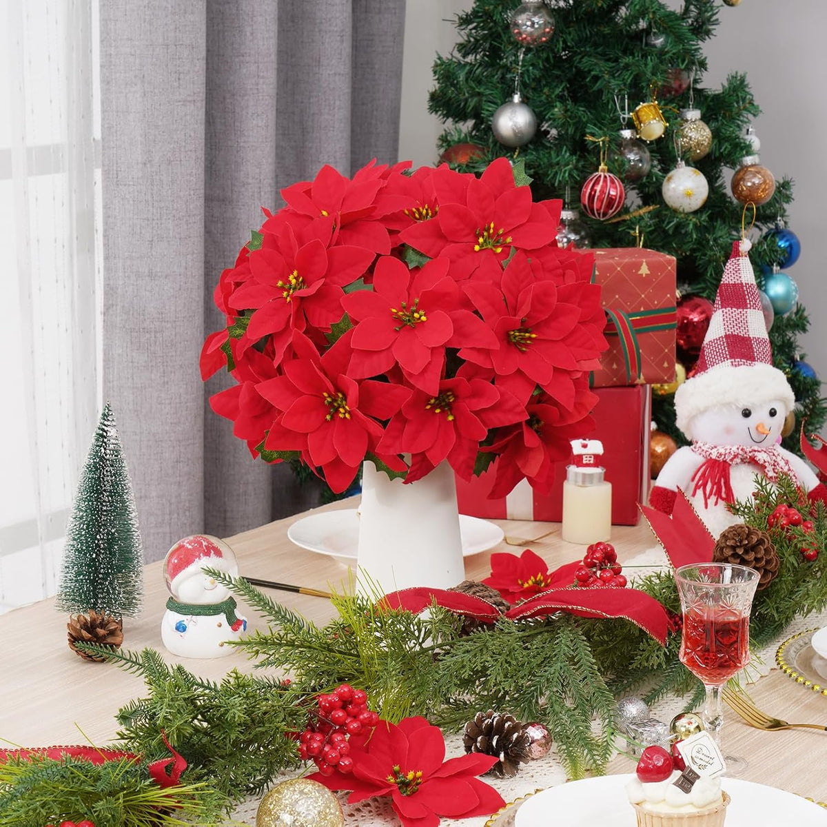 Waipfaru 4pcs Artificial Poinsettia Bushes,14 inch Faux Red Velvet Poinsettia Flowers for Indoor Outdoor Christmas Tree Home Porch Decorations