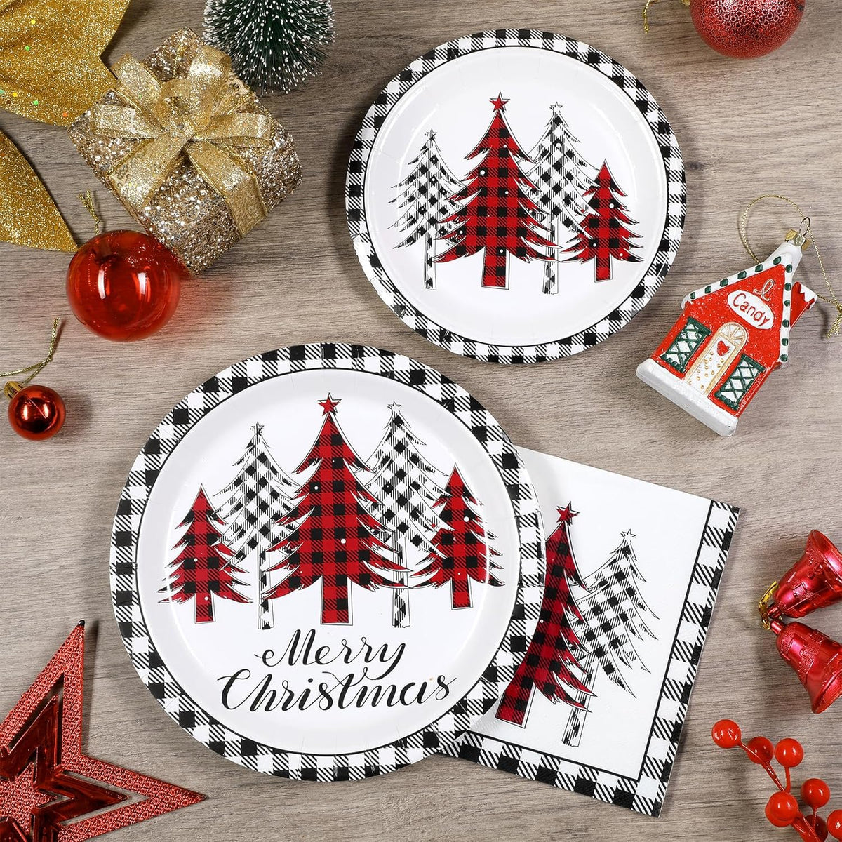 Waipfaru 200 PCS Christmas Tree Paper Plates and Napkins Christmas Party Supplies Disposable Dinnerware Set for Xmas