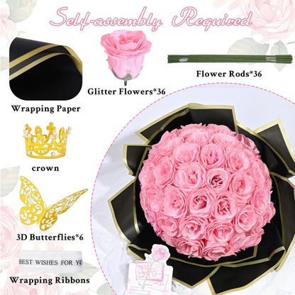 Waipfaru Glitter Roses Bouquet Pink,24pcs Artificial Rose Flower,DIY Glitter Everlasting Rose Bouquet with Stem for Valentine's Day Gifts,Engagement,Anniversary,Wedding