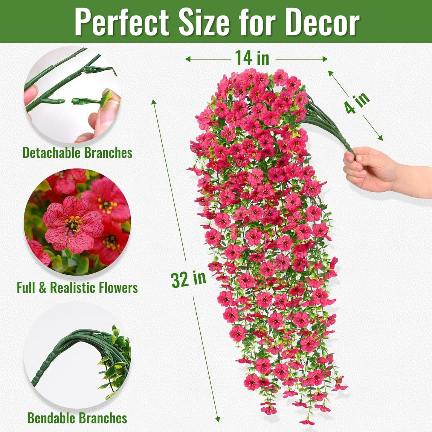 Waipfaru Artificial Hanging Flowers for Outdoors Spring Summer Decoration,2 Pcs UV Resistant Faux Silk Violet Fake Flowers for Garden Porch Window Home Decor(Rose Red)
